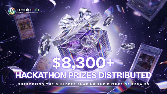 A promotional graphic for renaiss|lab with the text '$8,300+ HACKATHON PRIZES DISTRIBUTED' and the tagline 'SUPPORTING THE BUILDERS SHAPING THE FUTURE OF RENAISS,' featuring a 3D gift box surrounded by floating trading cards.