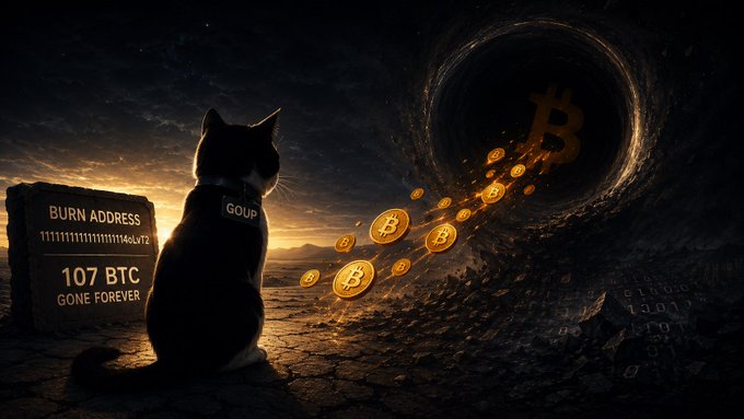 The image features a black cat sitting next to a stone slab with the text "Burn Address" written on it. The cat appears to be looking at a Bitcoin symbol floating above its head, which is located inside a black hole. The Bitcoin symbol has a flame coming out of it, suggesting that the Bitcoin transaction might have been intentionally burned by someone.