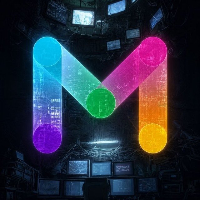 The image features a vibrant, glowing "M" logo composed of colorful translucent bands and circular nodes set against a dark, tech-inspired background filled with monitors and circuitry. The logo's futuristic aesthetic and emphasis on network connectivity visually reinforces the post's theme of MarsChain's innovative Proof of Contribution mining model, highlighting a digital, hardware-free approach to blockchain participation.