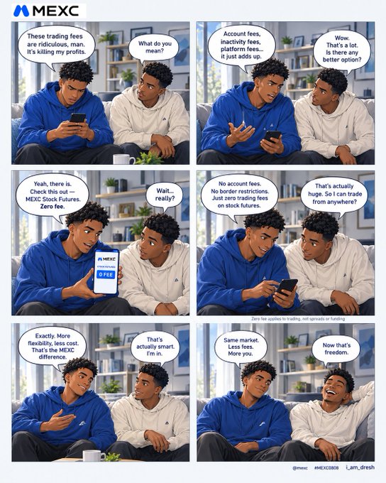 A comic-style advertisement for MEXC exchange featuring two young men discussing high trading fees on platforms, then discovering MEXC Stock Futures with zero fees, with the tagline 'Less fees. More you.' and hashtag #MEXCDrop.