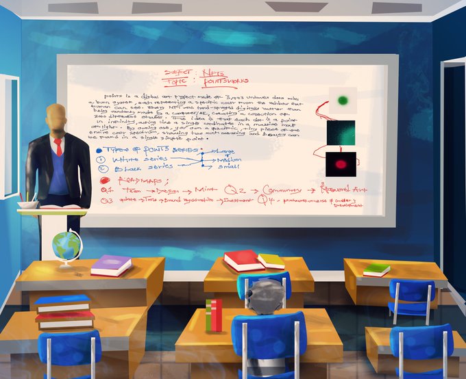 A digital illustration of a classroom with a teacher at a podium, blue chairs at desks, and a whiteboard covered in lecture notes with the topic "Nets Topology."