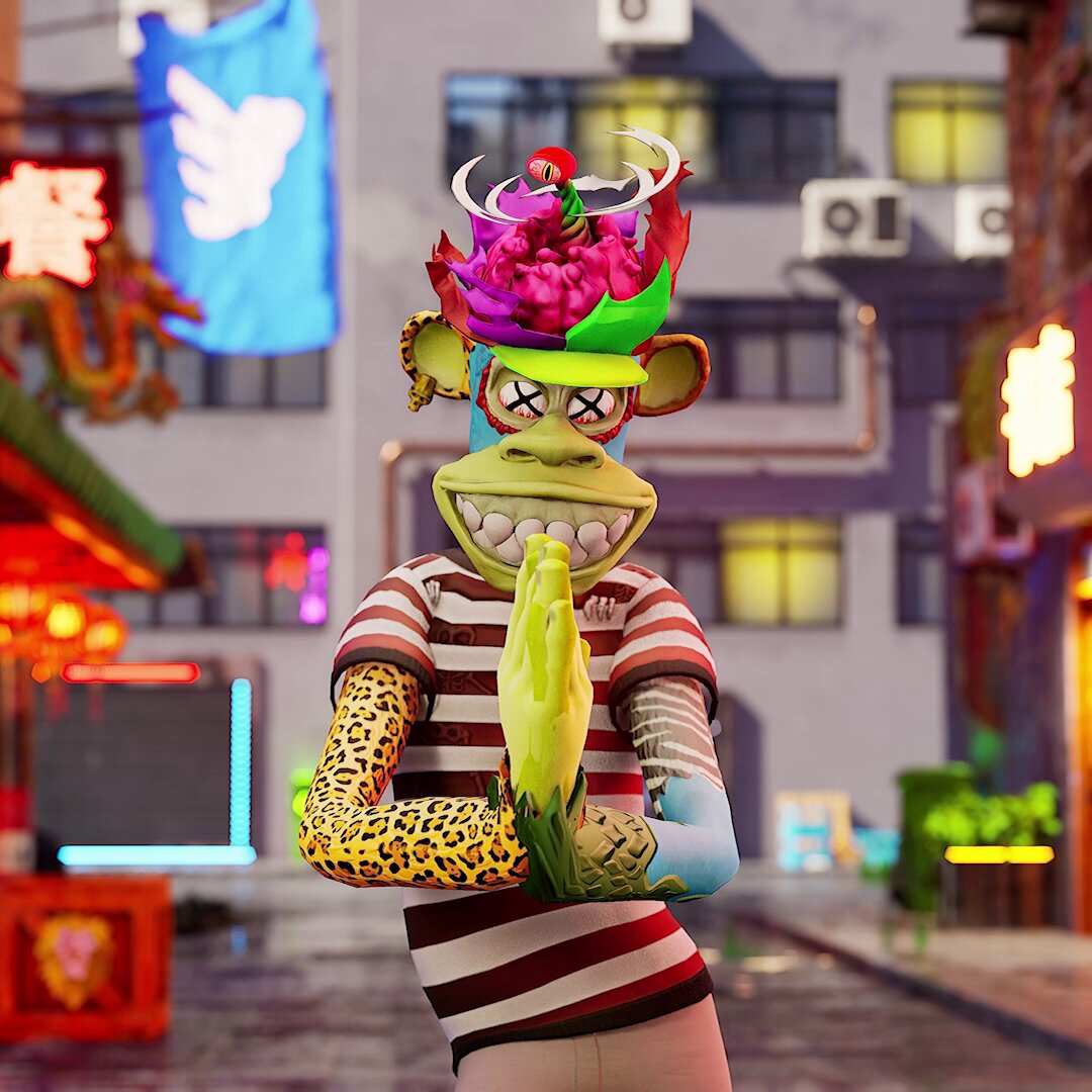 The image features a cartoon character dressed as an ape, wearing a hat with flowers and a striped shirt. The character appears to be standing in front of a building or a street, possibly in a city setting. The caption reads "bored ape yacht club (you reply: yes)", which suggests that the character might be participating in a themed event or gathering related to the bored ape theme.
