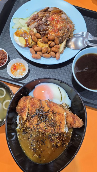 Overhead view of a meal featuring katsu curry with a soft-boiled egg, a plate with peanuts and meat, and various sauces.