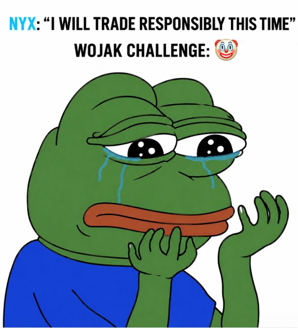 The image features a cartoon frog, which appears to be crying. The caption of the image reads "Every meme coin season, Nyx always promises herself: 'This time, I'll enter trades with discipline.'" This could mean that Nyx is determined to enter into trading practices with discipline, similar to how she consistently engages in humorous situations or memes throughout her timeline.