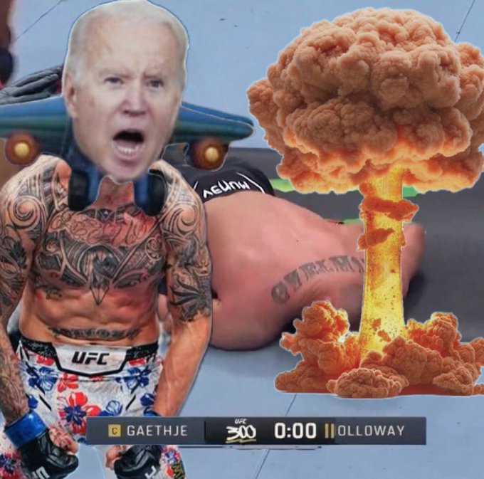 A surreal UFC scene features a fighter with Joe Biden's face yelling, positioned next to a massive orange mushroom cloud explosion.