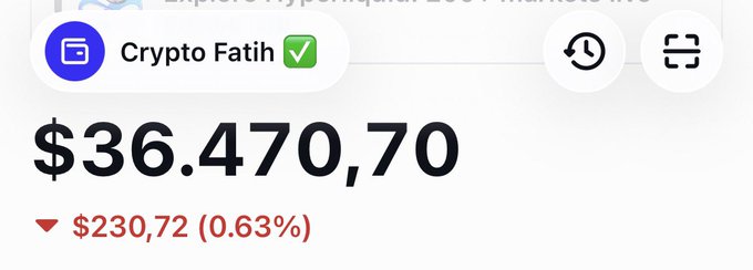 The image shows a cryptocurrency wallet or exchange account labeled "Crypto Fatih" displaying a balance of $36,470.70, with a decline of $230.72 (0.63%) indicated in red. This relates to the post's claim of "earning $36,500," as the screenshot serves as visual "proof" of the balance to promote a giveaway, despite the small drop shown suggesting it's an active, fluctuating portfolio rather than guaranteed profit.
