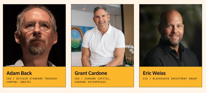 Promotional graphic featuring headshots of three speakers—Adam Back (CEO, Bitcoin Standard Treasury Company/$BSTR), Grant Cardone (CEO, Cardone Capital/Cardone Enterprises), and Eric Weiss (CIO, Blockchain Investment Group)—for the 2nd annual Bitcoin Treasuries Conference on September 28 in NYC.