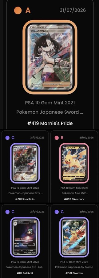 A collection showcase of PSA 10 Gem Mint Pokemon cards including Marnie's Pride (#419, grade A), Scovillain (#081), Pikachu V (#005, grade B), Bellibolt (#112), and Japanese Sv Promo Pikachu (#001, grade C).