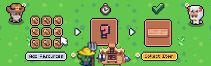 A pixel art game interface shows character sprites, resource blocks, a question mark box, and buttons labeled "Add Resources" and "Collect Item".