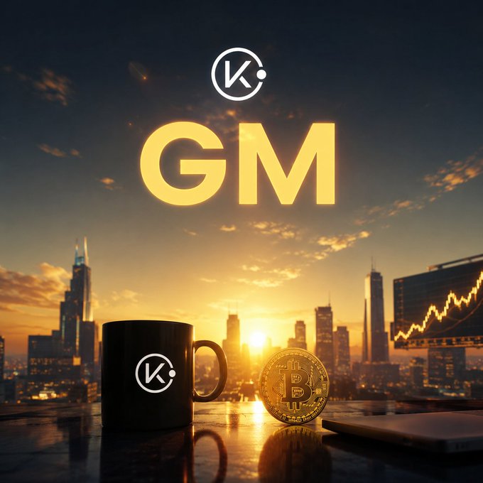 A 'GM' (Good Morning) crypto-themed image featuring a Kava coffee mug, a Bitcoin coin, and a city skyline at sunset with a stock chart trending upward.