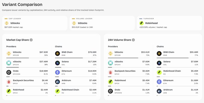 A 'Variant Comparison' dashboard compares issuer variants by capitalization, highlighting bStocks as the cap leader ($67.83M), volume leader ($53.61M), and Robinhood as the turnover leader, with breakdowns by providers and chains.