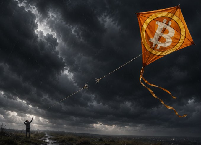A lone figure stands beneath stormy, dark clouds while flying an orange Bitcoin (₿) kite against the dramatic sky.