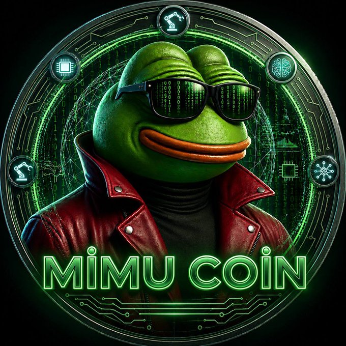 The image features a green frog character wearing sunglasses, a red leather jacket, and a name tag that reads "Mimi Coin". The frog appears to be smiling and is surrounded by various icons related to technology and finance. The text "Just buy $Mimu" is also present in the image. This suggests that the frog might be promoting a cryptocurrency or digital asset, possibly named "Mimi Coin", which could be related to the theme of the image.