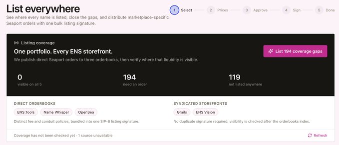 A screenshot of a web interface for 'List everywhere' showing ENS storefront coverage stats, including '194 need an order' and a button to 'List 194 coverage gaps'.