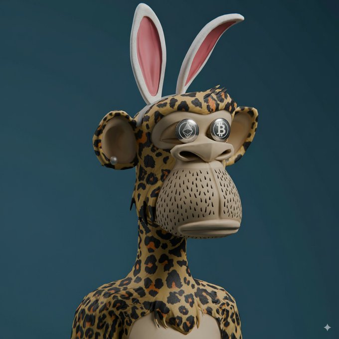 The image features a cartoon monkey with leopard print fur, wearing bunny ears as part of its costume. The monkey appears to be staring directly at the camera, giving an impression that it's bored or uninterested. The background is dark blue, which contrasts with the bright colors and patterns on the monkey's fur. There are no other objects in the image besides the cartoon monkey itself.