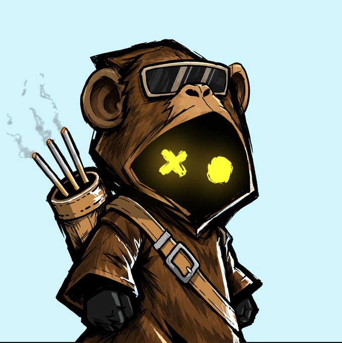 A stylized cartoon monkey wearing sunglasses and a hooded cloak, with a quill and ink pot on its back, displays glowing yellow "XO" symbols where its face should be, referencing the @hoojafun team's branding and tokens. The chibi art style suits the celebratory "gm" (good morning) crypto greeting, presenting the honorary NFT as a fun, collectible character.