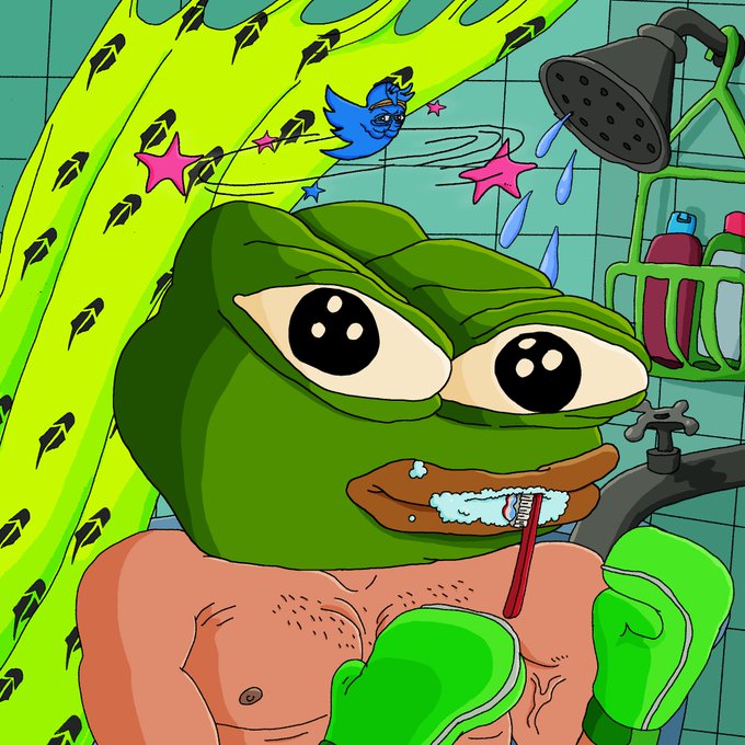 A cartoon illustration of Pepe the Frog with brown lips brushing his teeth in the shower, with a Twitter bird flying overhead surrounded by pink stars.