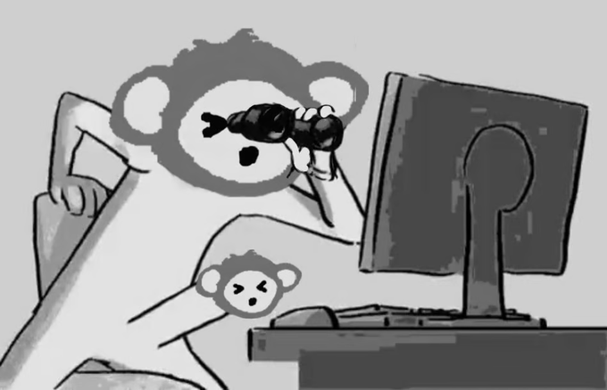 A black and white line drawing showing a large bear-like figure using binoculars while looking at a computer monitor, with a small monkey-like creature peeking out nearby.