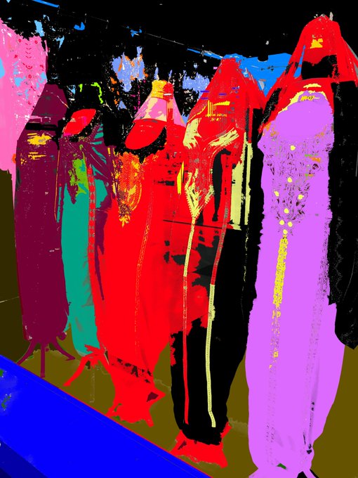 An abstract, glitchy digital artwork featuring multiple ghostly figures of people standing in a row, rendered in vivid, saturated colors including red, pink, cyan, yellow, and magenta against a black background.