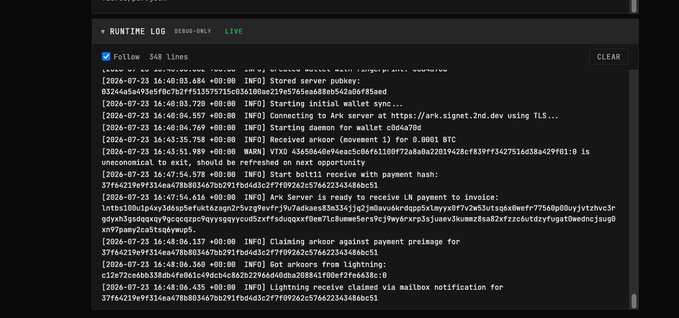 A runtime log with debug-only output showing server pubkey connections, arkoor payment setup, and lightning channel notifications.