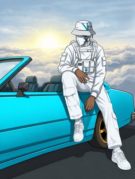 An illustration depicts a stylized figure wearing a white bucket hat and white utility outfit, sitting on the side of a teal convertible car against a sunset sky.