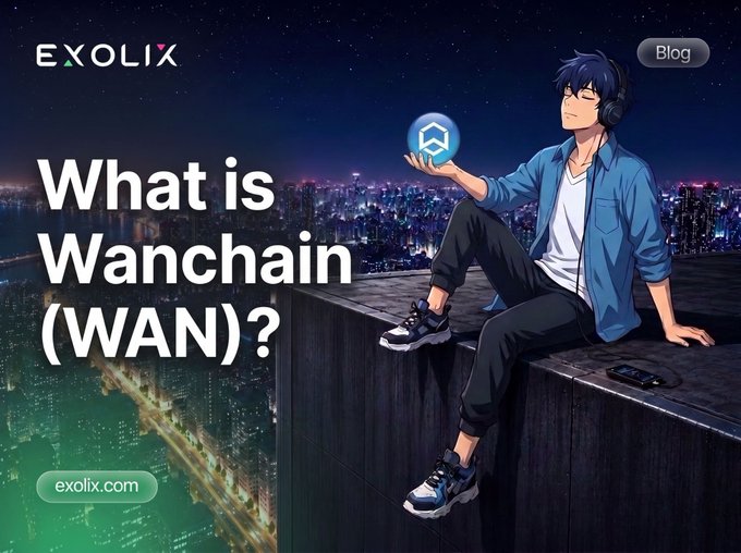 A blog header graphic from EXOLIX featuring an anime-style character holding a glowing cryptocurrency coin, with the title 'What is Wanchain (WAN)?' displayed against a nighttime cityscape background.