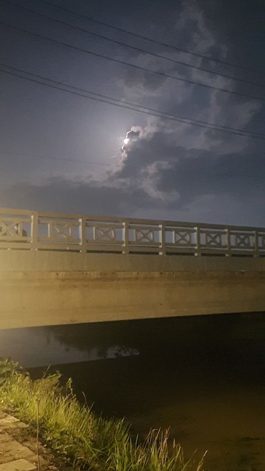 The image features a bridge over water at night, with a full moon illuminating the scene. The sky above has clouds, adding depth to the view. In the foreground of the photo, there are some plants that appear to be growing on the side of the bridge. The caption for this image includes a reference to @XOOBNetwork and @useTria, which could potentially be related to the bridge or the night sky in general.