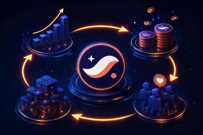 A stylized 3D illustration of the Stellar (XLM) logo surrounded by a glowing orange cycle connecting charts, stacked coins, and a community of users with a heart icon.