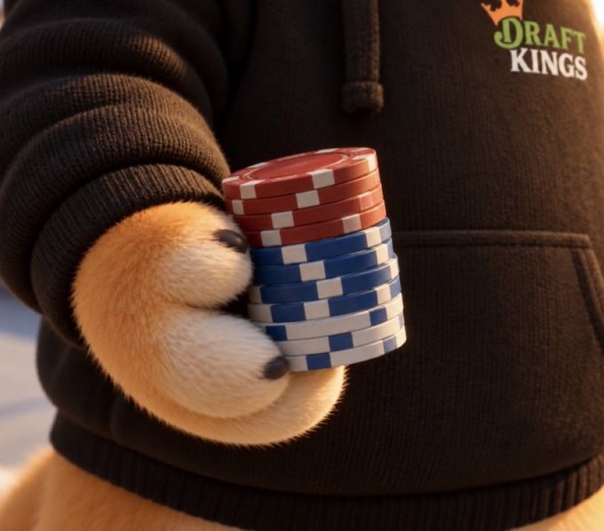An animated dog's paw holds a stack of red, white, and blue poker chips. The dog wears a black 'DraftKings' hoodie.