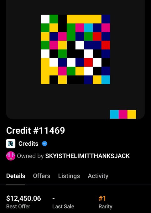 A digital collectible NFT credit #11469 displays a pixelated multicolor square design, owned by 'SKYISTHELIMITTHANKSJACK' with a best offer of $12,450.06 and ranked #1 rarity.
