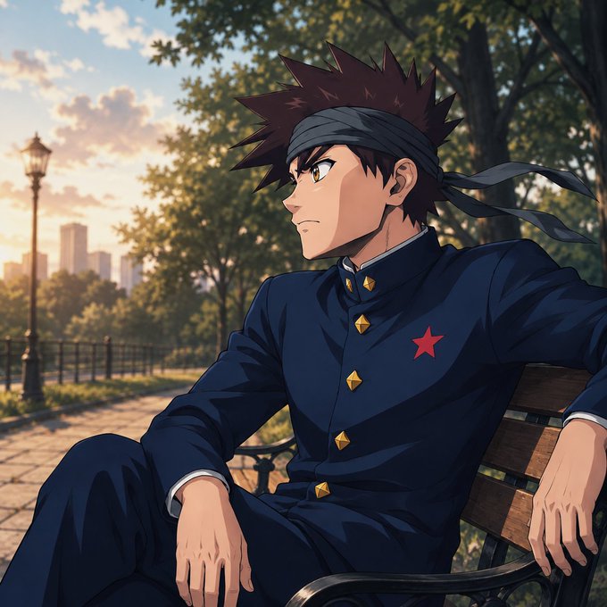 An anime-style illustration of a young man with spiky brown hair and a headband, wearing a dark blue uniform with gold buttons and a red star, sitting on a park bench at sunset.