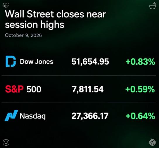 A financial graphic dated October 9, 2026 shows Wall Street closing near session highs: Dow Jones at 51,654.95 (+0.83%), S&P 500 at 7,811.54 (+0.59%), and Nasdaq at 27,366.17 (+0.64%).