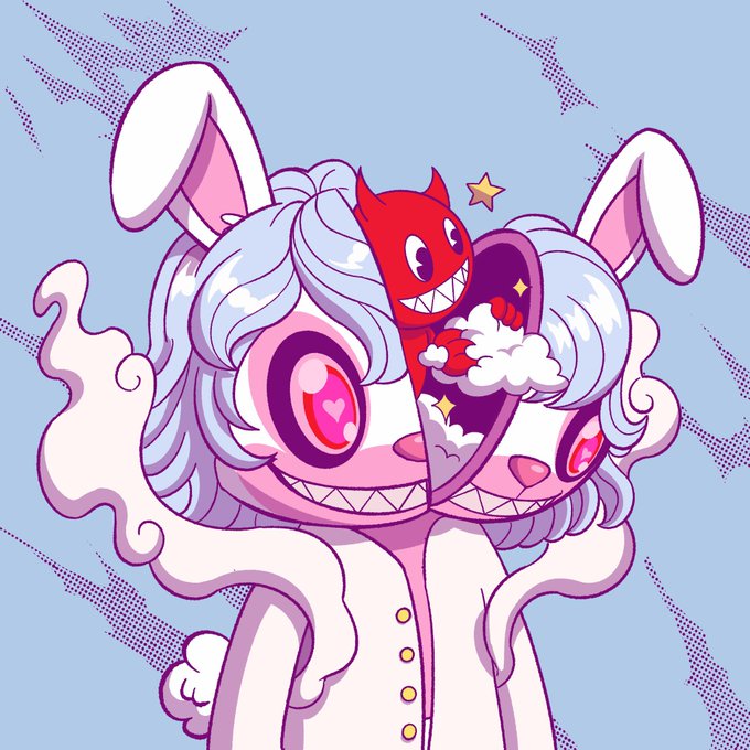A whimsical cartoon illustration shows a white bunny-like character with its head opened, revealing a small red devil inside amid clouds and sparkles against a blue dotted background, visually representing the post's playful concept of having mischievous "inside the head." The artwork appears to be by KludzNFT as credited.