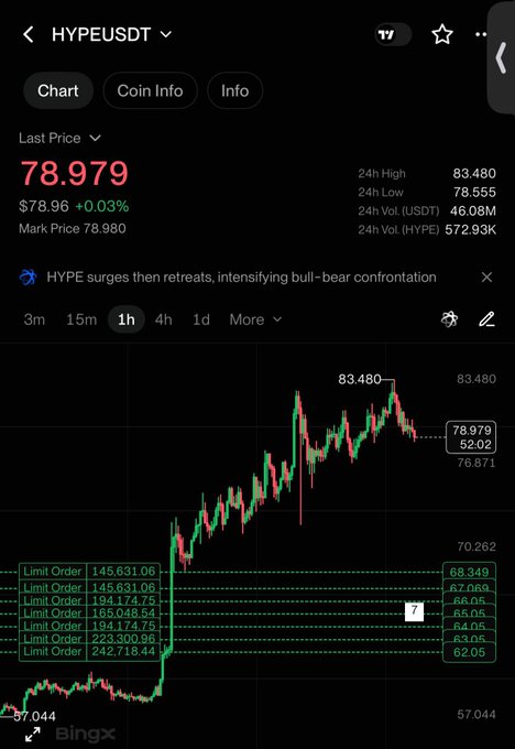 A mobile chart of HYPE/USDT on BingX shows the last price at 78.979, down 0.03%, with a recent surge to 83.480 followed by a pullback, and multiple limit buy orders stacked between 57.044 and 70.262—reflecting the trader's strategy of waiting for a correction rather than entering at current prices.