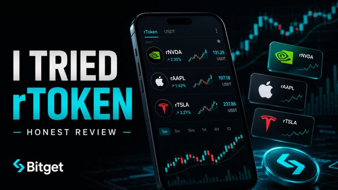 A YouTube thumbnail titled 'I TRIED rTOKEN HONEST REVIEW' sponsored by Bitget, showing a smartphone displaying a trading app with rNVDA, rAAPL, and rTSLA tickers alongside their prices and candlestick charts.