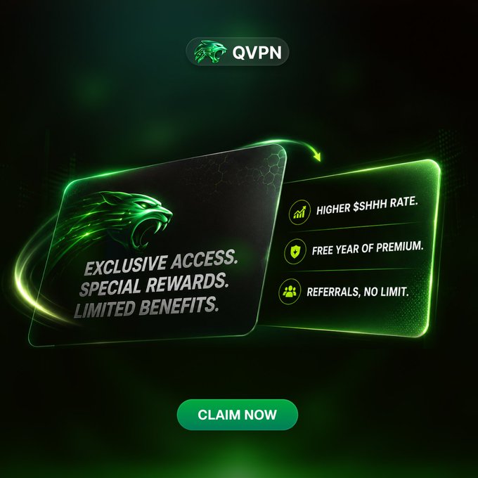 A promotional graphic for QVPN featuring a green glowing lion logo, advertising 'Exclusive Access. Special Rewards. Limited Benefits' with benefits including higher $SHHH rate, free year of premium, and unlimited referrals, with a 'Claim Now' button.