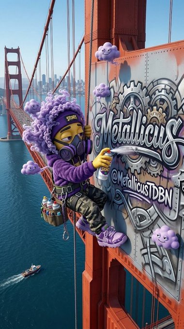 A graffiti artist with purple hair and respirator mask spray-paints "Metallicus" and "@MetallicusTDBN" onto the side of the Golden Gate Bridge, with cute purple cloud characters floating around them, visually promoting the Metallicus TDBN brand or project in a bold urban art style.
