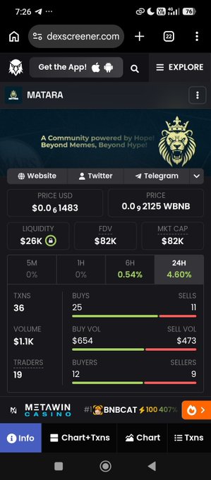 A screenshot from dexscreener.com showing the trading metrics for the 'MATARA' token, including price, liquidity, FDV, and market cap.