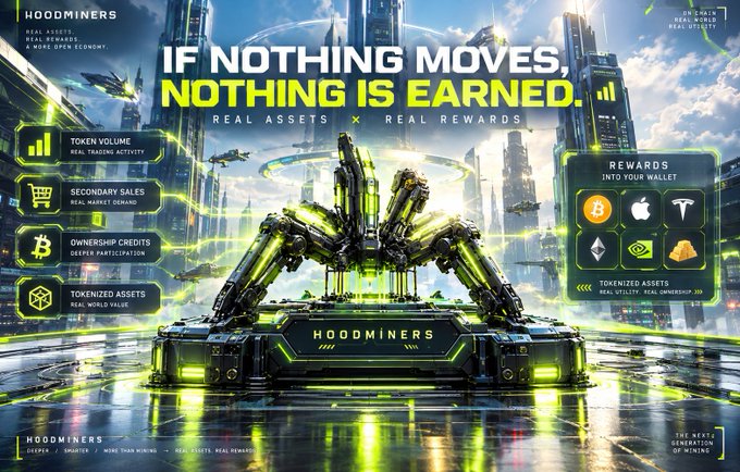 A futuristic promotional graphic for **HoodMiners** features the tagline "IF NOTHING MOVES, NOTHING IS EARNED" and highlights features like Token Volume, Secondary Sales, Ownership Credits, and Tokenized Assets, with rewards shown including Bitcoin, Apple, Tesla, Ethereum, Nvidia, and gold icons. The image ties to the Nucleus × HoodMiners leaderboard giveaway by visually promoting the project's real-asset ecosystem that the 1,031 guaranteed whitelist spots are being awarded for.