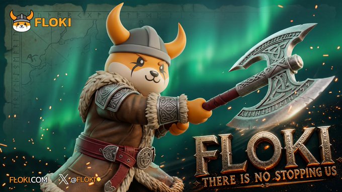 A promotional graphic for the FLOKI cryptocurrency featuring a Shiba Inu dog dressed as a Viking with a horned helmet, fur-lined coat, and a large battle axe against a green aurora background, with text 'FLOKI', 'FLOKI.COM', '@FLOKI', and 'THERE IS NO STOPPING US'.