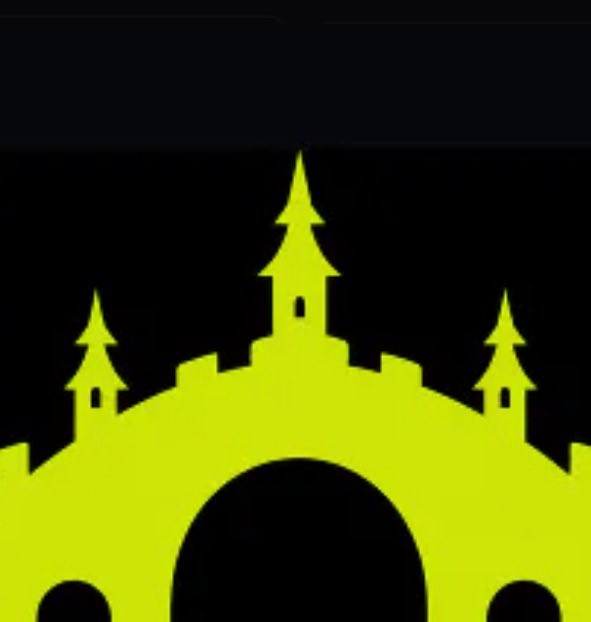 Minimalist yellow silhouette logo of a castle with towers against a black background.