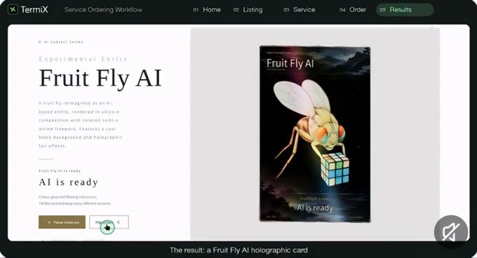 A screenshot of the TermiX service ordering workflow displaying a 'Fruit Fly AI' entity with an image of a fruit fly on a Rubik's cube and text reading 'AI is ready.'
