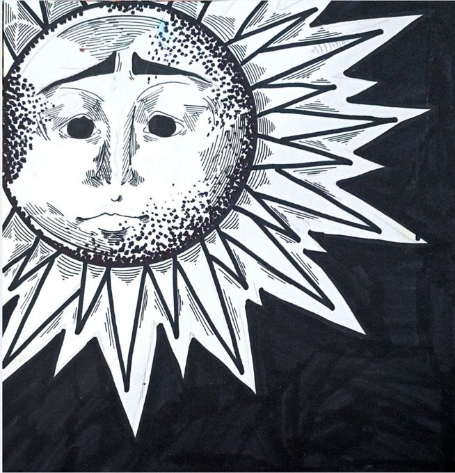 A black-and-white ink drawing of an anthropomorphic sun with a human-like face surrounded by jagged rays against a dark background.