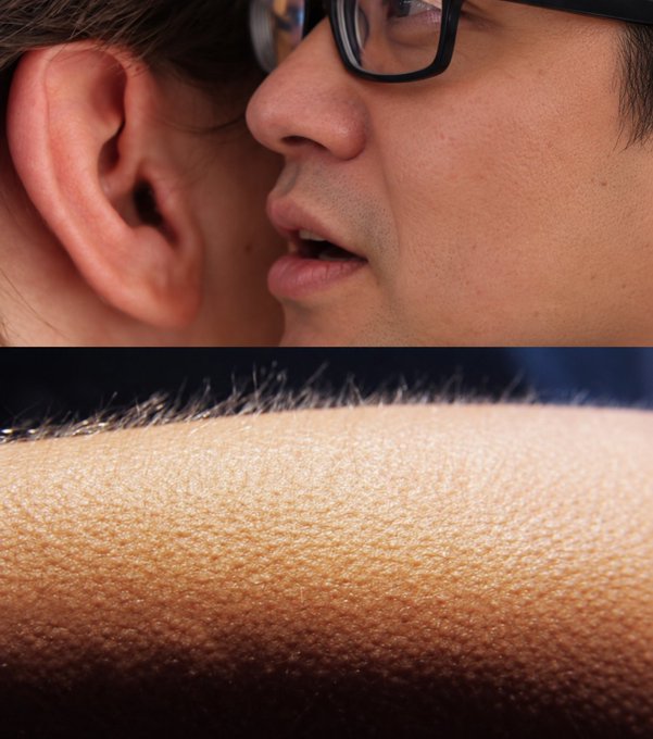 A split image with the top half showing a close-up of two people's faces nearly touching as if about to kiss, and the bottom half displaying a macro shot of skin with visible goosebumps.