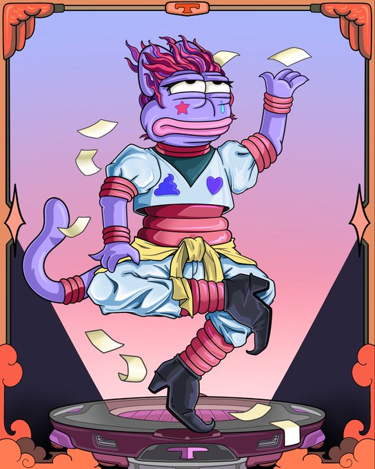 The image features a cartoon character, likely from the TV show "Peepoe" or "Isaka", wearing a purple outfit with pink accents and holding a paper bag while dancing on one foot. The character appears to be in motion, possibly performing a dance routine. The background of the image is filled with orange and purple colors, creating an artistic and vibrant atmosphere. The post includes text that reads: "GM Peepos FRIDAY RAFFLE ! @PEPE_CARDS 2 FREE PACKS GTD Tag your Uncles and let them know why you need a Pepe Isoka in your life".
