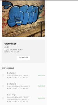 Screenshot of a digital marketplace listing for "Graffiti List 1" priced at $1.04 (~0.2 at 5:00 PM GMT+1), showing a graffiti cover image and a rent schedule with multiple entries at $1.04.