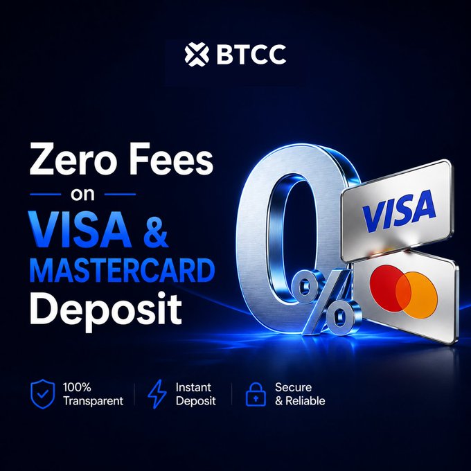 BTCC crypto exchange promotion featuring a 0% zero-fee offer for VISA and Mastercard deposits, with benefits including 100% transparency, instant deposits, and secure & reliable transactions for US users.