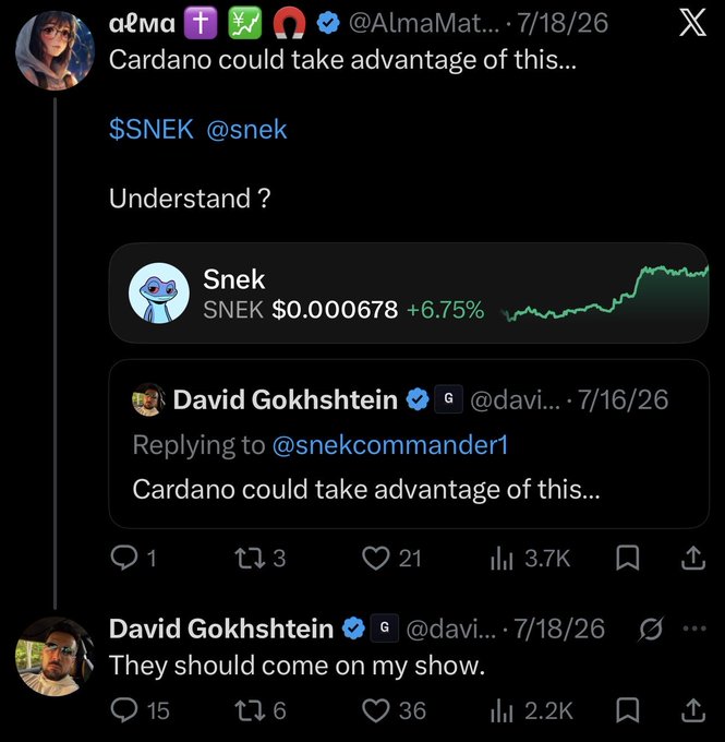 A screenshot of a Twitter thread where user @AlmaMatter quotes a post about $SNEK with a +6.75% price change shown, and David Gokhshtein replies suggesting they should come on his show.