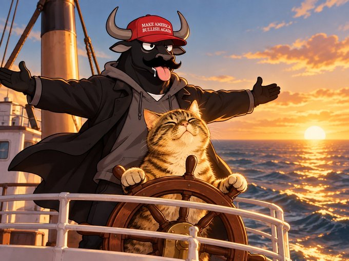 A cartoon bull in a "MAKE AMERICA BULLISH AGAIN" cap and a tabby cat stand together at a ship's wheel against a sunset seascape, symbolizing the bullish trading outlook on $CATE mentioned in the post.