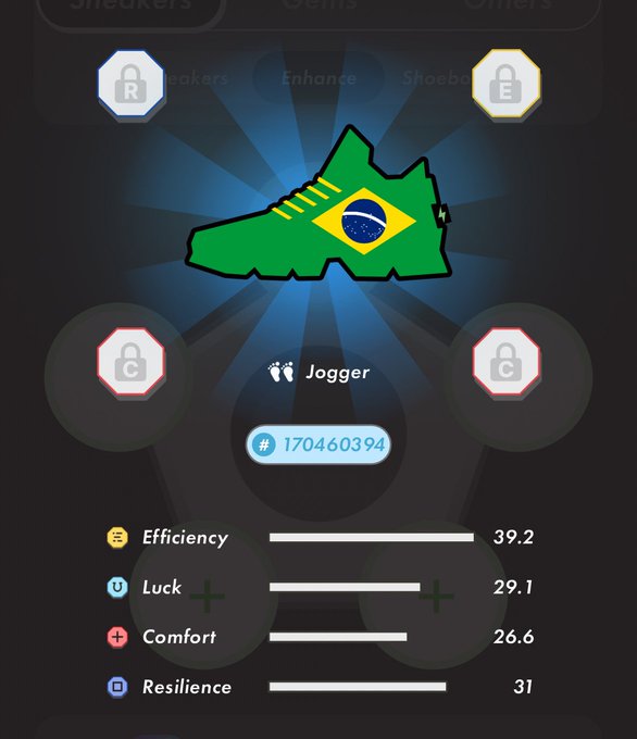 The image shows a shoe design with the Brazilian flag, featuring a green and yellow shoe. The background of the image has a blue glow, which makes the shoe stand out. There are two posts related to this image, one of them being a caption that reads "2足目はブラジル これは激アツ！がんばれ〜 日本とはちせず". The other post is titled "Efficiency", which seems to be about the shoe design.